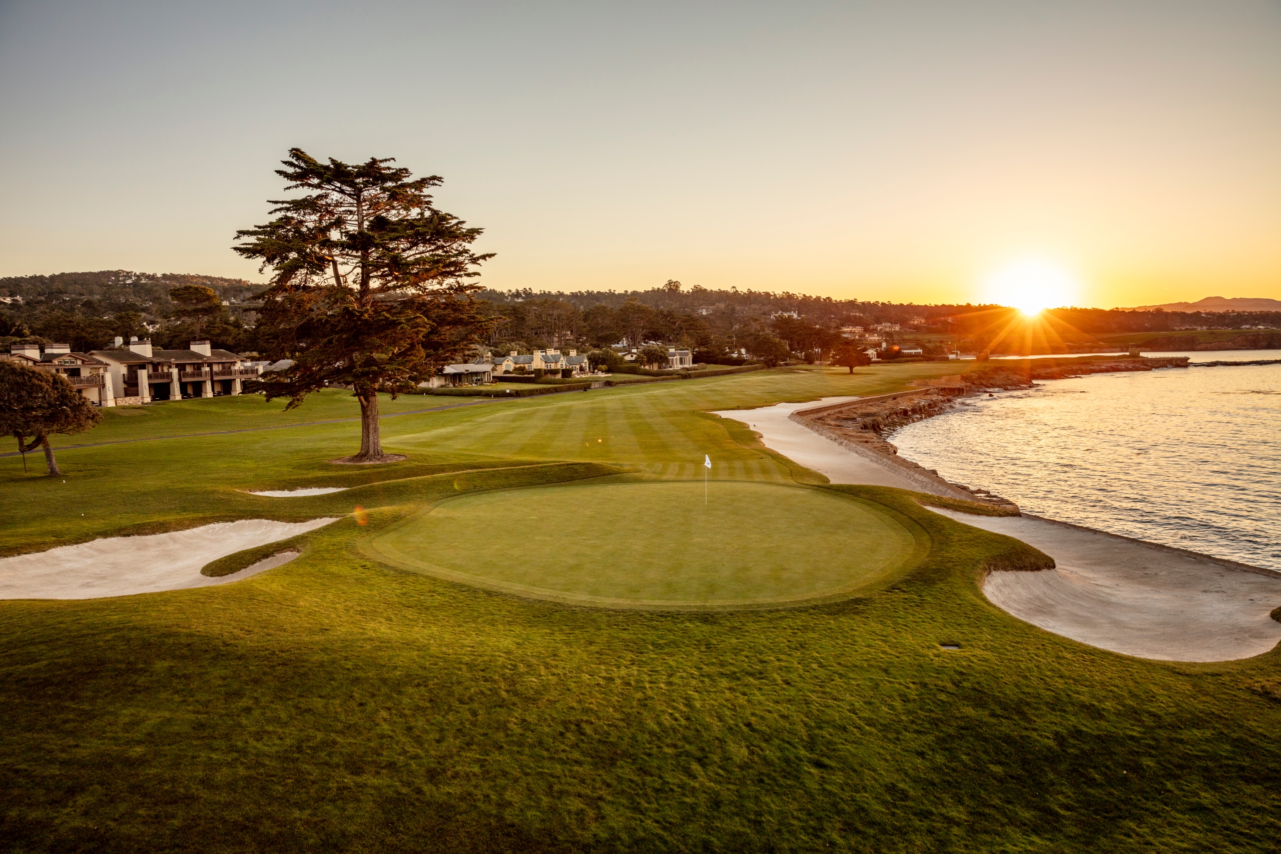 A vibrant sunset over a golf green and sand bunkers, featuring a large cypress tree and the ocean in the background.